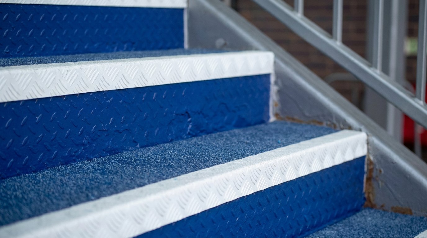 Anti-slip surfacing on a wet entrance walkway to reduce slip risk in UK conditions